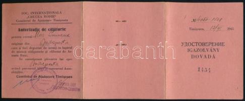 1945 Temesvár, Nemzetközi Vöröskereszt keretében működő temesvári Segítő Bizottság fényképes igazolv...