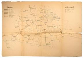 cca 1857-1872 Sóhivatalok térképe / Übesichts Karte des Versorgung der Salztransporte für das Königreich Ungarn nebs vormaligen Nebenländern und für das Fürstenthum Serbien, magyar és német nyelvű térkép, a magyar nyelvű térképen vasút vonalakkal, köztük tervezett vasútvonalakkal, kézzel rajzolt és írt térképek (2 db), a hajtások mentén szakadásokkal, kis sérülésekkel, a magyar nyelvű térképen gyűrődésekkel, 38x53 cm és 48x68 cm