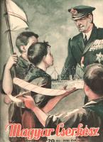 [Folyóirat] Magyar Cserkész. A Magyar Cserkészszövetség hivatalos lapja. Szerkeszti: Sztrilich Pál. Megjelenik havonta kétszer. XVIII. évfolyam, 1-20. szám. (1936. szeptember 15. - 1937. július 15.) [Teljes évfolyam, egybekötve.] Budapest, 1936-1937. Magyar Cserkészszövetség (Tolnai-nyomda). A lapszámok 32, a dupla számok 64 oldal terjedelműek. Az 1920-ban indult Magyar Cserkész folyóirat a cserkész mozgalom hivatalos lapja. Gazdagon illusztrált oldalain a cserkészeti híreken kívül országismereti, honismereti írásokat, útirajzokat, túrabeszámolókat, hadtechnológiai, ismeretterjesztő és állatvédelmi cikkeket tesz közzé, hazafias szellemben írt történelmi ismeretterjesztő írásokat közöl, a cserkész élet témájából vett rövid novellák, valamint mesék és versek, rejtvények társaságában. Évfolyamunk folytatásokban közli Robert Louis Stevenson "Az elrabolt fiú" című kalózregényét, Temesy Győző fordításában. Folytatásokben szerepel Tömösy Jenő "A titkos hatalom hálójában" című ifjúsági bűnügyi regénye, illetve az American Viator írói név mögött rejtőző magyar szerző "A zöld pokol. A Paranától az Amazonasig" című útírása. Arady István "Légoltalom" című sorozata pedig hadtechnológiai tudásanyaggal lepi meg olvasóit. Évfolyamunkban ismétlődően jelentkezik az Állatvédelem, a Magyar Kisfiú és az Ezermester rovat. Lapunk rövidebb írásait Dékány András, Feleki Sándor, Fodor Árpád, Nyáry Andor, Szentiványi Jenő, Tamás Lajos, Temesy Győző, Lord Baden-Powell jegyzik, grafikáit Márton Lajos, Sebők Imre készítették. Néhány oldalon apró szakadásnyom. Az első előzéken, az első szám fedőborítóján és a belív számos oldalán régi gyűjteményi bélyegzés. Poss.: 61. számú Baross Gábor Cserkészcsapat, Sopron. Lakatos 1466. Enyhén sérült, enyhén foltos korabeli félvászon kötésben.