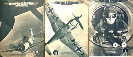 [Folyóirat] Magyar Szárnyak. Repülésügyi folyóirat. Szerkeszti: Jánosy István. Megjelenik havonta kétszer. VI. évfolyam, 12., 17. szám, VII. évfolyam, 19. szám. [1943. június 15. - 1944. október 1.] Budapest, 1943-1944. (Athenaeum Irodalmi és Nyomdai Rt.) 31 + [1] p.; 30 + [2] p.; 23 + [1] p. Szövegközti felvételekkel és rajzokkal gazdagon illusztrált aviatikai folyóiratunk a magyar hadirepülés híreit és a német repülőgép-ipar újdonságait teszi közzé. Kapcsolódó hirdetéseinek jelentős része német hadiipari üzemek termékeit reklámozza. Folyóiratunk szerepel az Ideiglenes Nemzeti Kormány által 1945-ben betiltott művek jegyzékén. Fűzve, illusztrált kiadói borítókban.