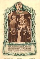 [Aprónyomtatvány] Horthy Miklós a magyar kenyér ünnepén, Szabadkán, 1941. július 27-én. Politikai aprónyomtatvány, Légrády Sándor grafikájával. (1941). Budapest, 1941. Nemzetpolitikai Szolgálat - Athenaeum ny. Egyetlen lap, mérete: 220x138 mm. Politikai aprónyomtatványunkon Horthy Miklós szabadkai kenyérszentelő ünnepségén készült, a kormányzót és nejét, valamint egy háttal álló parasztembert ábrázoló felvétel, melyet Légrády Sándor díszes kerete vesz körbe. Alul részlet a kormányzó ott elhangzott beszédéből. Jóllehet a magyar kenyér eredendően július 15-én tartott ünnepét már az 1920-as évektől Szent István napjához, augusztus 20-ához kötötték, kiadványunk tájékoztatása szerint a Délvidék visszatérésének évében, 1941-ben a magyar kenyér ünnepét - legalábbis Szabadkán - előbbre hozták. Jó állapotú lap. Ritka.