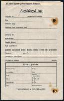 1919 Bp., 29. vörös dandár póttest csoport anyakönyvi lap kitöltetlen nyomtatványa, hátoldalán M. kir. Észak Pestmegyei egyesített felszámoló parancsnokság 32. volt közös gyalog pótkeret 1920-as feljegyzésével, lyukasztással, kisebb foltokkal