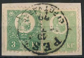 1871 Kőnyomat 3kr és Réznyomat 3kr vegyes bérmentesítés kivágáson. Mindkét bélyeg hibátlan. Rendkívül mutatós és ritka darab! / Mi 2 + 9 faultless stamps, mixed franking on cutting. Attractive and very rare piece! "PEST / LIPÓTVÁROS" Certificate: Visnyovszki