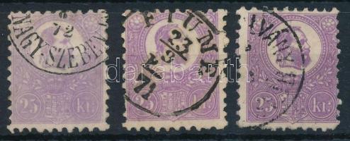 1871 3 db Kőnyomat 25kr klf színárnyalatokban (min. 230.000) / 3 x Mi 6 in different colour shades