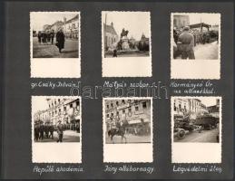 1940 Kolozsvár, erdélyi bevonulás, összesen 21 db fotó, rajtuk Horthy Miklós kormányzó attasékkal, gróf Csáky István külügyminiszter, vitéz Jány Gusztáv altábornagy, a M. Kir. Honvéd Légierő tisztjei, légvédelmi üteg, stb. Két albumlapra ragasztva, az albumlapokon feliratozva, 8x6 cm és 9x6,5 cm méretben.