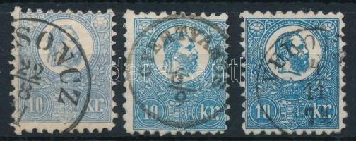 1871 3 db Kőnyomat 10kr klf színárnyalatban (1 bélyegen kis papírelvékonyodás) / 3 x Mi 4 in different colour shades (small thin paper on 1 stamp)