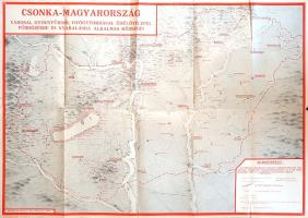 [Térkép] Csonka-Magyarország városai, gyógyfürdői, gyógyforrásai, üdülőtelepei, fürdőzésre és nyaralásra alkalmas községei. Tervezte Kern Ferenc. (1938). [Budapest], 1938. Magyar Királyi Térképészeti Intézet. Kétszínnyomású térkép, mérete: 430x615 mm egy 450x640 mm méretű térképlapon. Domborzati és vízrajzi részleteket feltüntető idegenforgalmi térképünk a nyaralás, fürdőzés, gyógyfürdőzés és túrázás szempontjából kiemelt településeket emeli ki. A több évszázados hazai gyógyfürdőkultúra tovább élésének jeleit mutatják az alföldi, dunántúli és hegyi gyógyfürdők, gyógyforrások jelölése (Hajdúszoboszló, Gyopárosfürdő, Kiskunhalas, Harkány, Balf, Kékkút, Bodajk, Nagyigmánd, Parád); a XIX. század közepén a Tátrában indult turistáskodás tovább élését a hegyvidékeinken feltüntetett üdülőhelyek sokasága a Bakonyban, Mecsekben, Pilisben, Börzsönyben, Mátrában, Bükkben és az Eperjes-Tokaji-hegységben. Néprajzi jelentősége miatt a Göcsej és a palóc vidék felkerült a térképre, Horvátország elszakadása miatt pedig megnőtt a Balaton fontossága: a Balaton mindkét partja a belföldi turizmus legjelentősebb helyszínének tűnik. Vízrajzi részleteit illetően enyhén torzított térképünk a Tisza hidjait jelzi, a Dunán azonban néhány híd jelenlétéről nem vesz tudomást, holott a párkányi híd 1895-től, a bajai híd 1908-tól, a dunaföldvári híd 1930-tól biztosított kapcsolatot a Duna két partja között. Térképünkön a hajtások mentén apró szakadásnyomok. Jó állapotú térkép, hajtogatva.