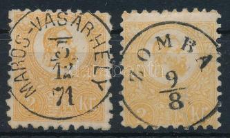 1871 2 db Kőnyomat 2kr narancs és sárga színben, utóbbi pici elvékonyodással (85.000) / 2 x Mi 1 orange and yellow (yellow: thin paper)