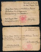 1917 Az Osztrák-Magyar Cs. és Kir. Haditengerészet (K. u. k. Kriegsmarine) SM U-1 (Unterseeboot I) tengeralattjárójának matróza részére kiállított kitüntetés viselési igazolványok, 2 db (Károly-csapatkereszt, illetve Vas Érdemkereszt a Vitézségi Érem szalagján), "K. U. K. KRIEGSMARINE S. M. U. 1" hajópecséttel, az egyiken Eugen Hornyák Edler von Horn sorhajóhadnagy, parancsnok aláírásával, kissé viseltes állapotban