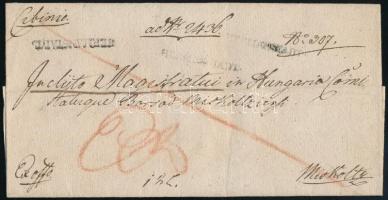 1821. október 8-án Nagyszebenben magánszemély által feladott, Miskolc portómentességét élvező hivatalának címzett, részben fizetett ajánlott levél. Súlyát a feladó a levél címoldalán 1,5 latban jelölte meg, amit a posta felülbírált és 2 lat súlyban számolt. A korabeli díjszabás szerint 18 postaállomáson túl 56 krajcárt kellett volna fizetni, de a címzett portómentessége miatt a levél feladásakor ennek a felét fizette a feladó + 4kr ajánlási díjat, amit a levél hátoldalán a posta feltüntetett. / Ex offo cover from Hermanstadt to Miskolc, with a 28 + 4kr paid fee instead of 56kr