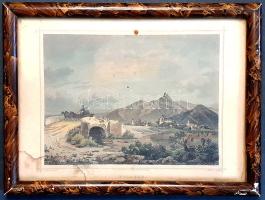 [Látkép] Világos várának és településének színezett látképe. Ludwig Rohbock (1824-1893) német grafikusművész rajza a "Magyarország és Erdély eredeti képekben" című illusztrált topográfiai mű második kötetéből. Kézzel színezett acélmetszet. Darmstadt, (1860). Druck und Verlag von G. G. Lange. Acélmetszet, mérete: 115x155 mm, lemezméret: 130x170 mm, lapméret: 155x235 mm. Ludwig Rohbock (1824-1893) nürnbergi grafikusművész, tájképfestő. Európa számos országát bejárta, a Duna vidékét először 1855-ben kereste fel, 1856-1863 között utazta be hazánkat, számos vázlatot készítve. Rohbock romantikus látképei kissé idealizálják a valóságot, ám meglepő pontossággal örökítik meg Magyarország és Erdély kiemelt fontosságú épületeit, utca- és városképeit, várromjait és várait, kastélyait, fürdőit és hegycsúcsait, templomait és kolostorait. A német festő kiemelt figyelmet szentelt a bemutatott vidék néprajzi karakterének, a látképek előterében így gyakorta városi és falusi népi jelenetek zajlanak, így van ez a Partium szélén álló Világost ábrázoló tájképünkön is. A háttér hegyeinek egyikén Világos vára. A hegyek lábánál az 5000 lelket, köztük 1000 magyart számláló Világos mezővárosa, emelkedő tornyaival. Az előtérben kőhídon áthajtó, betyárkalapot viselő, ostort lengető borosgazda. Bal alsó sarkában enyhén foltos acélmetszetünket ismeretlen művész kézzel kiszínezte. Keretezett acélmetszetünk üveglapján fönt, középen apró folt, a keret hátoldalán kisebb, az acélmetszetet nem érintő sérülés. Jó állapotú lap, keretezve, üveglap mögött.