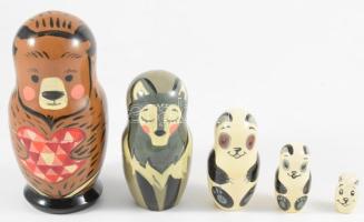 5 darabos matrjoska szett, állatfigurák, m: 11 cm alatt
