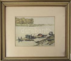 Zádor István (1882-1963): Halászbárkák a Tiszán. Színes rézkarc, papír, jelzett a karcon. Üvegezett, kissé sérült fakeretben. 23×32 cm