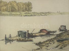 Zádor István (1882-1963): Halászbárkák a Tiszán. Színes rézkarc, papír, jelzett a karcon. Üvegezett,...
