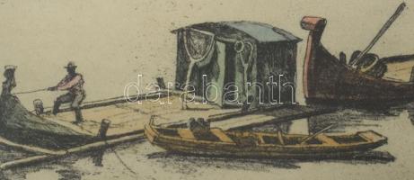 Zádor István (1882-1963): Halászbárkák a Tiszán. Színes rézkarc, papír, jelzett a karcon. Üvegezett,...