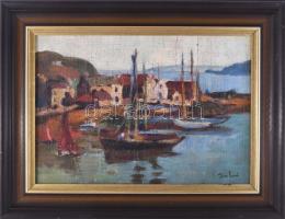Tibor Ernő jelzéssel: Kikötő vitorlásokkal. Olaj, karton. Kissé sérült. Dekoratív fakeretben. 30×42,5 cm