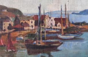 Tibor Ernő jelzéssel: Kikötő vitorlásokkal. Olaj, karton. Kissé sérült. Dekoratív fakeretben. 30×42,...
