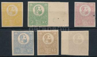 1871 Kőnyomat vágott próbanyomat sor, a 3kr és a 25kr ívszéllel, mindegyik bélyeghez Orbán tanúsítvány, mindegyik típusra beazonosítva / Mi 1-6 imperforate proof, the 3kr + 25kr with margin. Certificate for each stamp: Orban