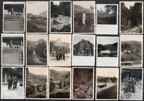 1941 Erdély, Székelyföld, katonák a gyimesbükki országhatárnál, leventeoktató-képzés résztvevői, csángók, életképek, tájak (Békás-szoros, Gyilkos-tó, Rákóczi-várrom), városok (Kolozsvár, Marosvásárhely), stb., összesen 47 db fotó, többségük a hátoldalon feliratozva, 9x6 cm körüli méretben