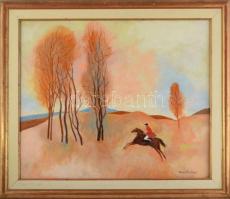 Szentgyörgyi Kornél (1916-2006): Vágta. Olaj, farost, jelezve jobbra lent, hátoldalán kissé töredékes címkén Szentgyörgyi Kornél autográf feliratával. Dekoratív fakeretben, 50×60 cm / oil on wood fiber, signed, framed