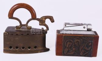 Kisméretű bronz vasaló + vallásos jelenettel díszített öngyújtó, h: 8,5-10 cm