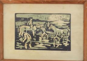 Doór Ferenc (1918-2015): Itatás (Fiúk lovakon). Színes linómetszet, papír. Jelzett. Kissé foltos. Üvegezett fakeretben. 25×34 cm