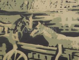 Doór Ferenc (1918-2015): Itatás (Fiúk lovakon). Színes linómetszet, papír. Jelzett. Kissé foltos. Üv...