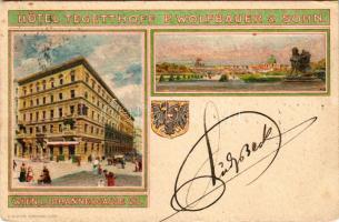 1904 Wien, Vienna, Bécs; Hotel Tegetthoff P. Wolfbauer &amp; Sohn. Johannesgasse 23. / hotel and café advertisement with coat of arms. E. Nister Art Nouveau, litho (EK)
