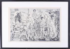 Hincz Gyula (1904-1986): Kavalkád (cím nélkül), rézkarc, papír, jelzett, üvegezett fakeretben, 29,5×39 cm