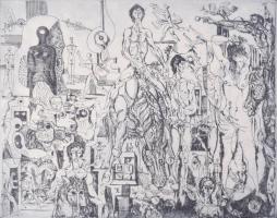 Hincz Gyula (1904-1986): Kavalkád (cím nélkül), rézkarc, papír, jelzett, üvegezett fakeretben, 29,5×...