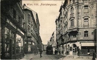 1909 Wien, Vienna, Bécs; Piaristengasse, Löwen-Apotheke, Zahnarzt / street view, pharmacy, tram, dentist, shop of Josef Stein