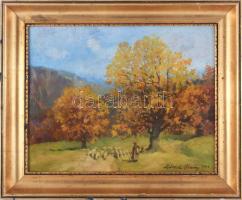 Zórád Géza (1896-1959): Pásztor nyájjal, 1949. Olaj, karton. Jelezve jobbra lent. Dekoratív, kissé sérült fakeretben. 29,5x38 cm