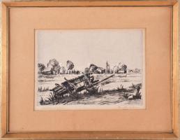 Olvashatatlan jelzéssel: Megbillent szekér. Rézkarc, papír. Dekoratív, kissé sérült fakeretben. 19x26,5 cm