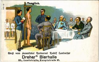 1914 Wien, Vienna, Bécs; Gruß vom Assentlokal Restaurant Rudolf Lembacher Dreher's Bierhalle. Landstraße, Hauptstraße 97. / restaurant and beer hall advertisement, humorous scene with K.u.K. soldiers. litho (EK)