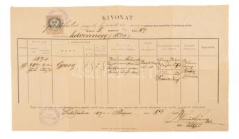 1887 Petőfalva anyakönyvi kivonat 50kr illetékbélyeggel