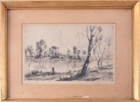 Olvashatatlan jelzéssel: Halásztanya. Rézkarc, papír. Dekoratív, üvegezett, kissé sérült fakeretben. 19x29,5 cm