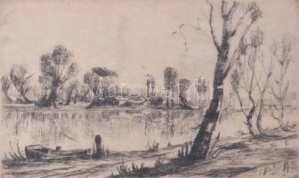 Olvashatatlan jelzéssel: Halásztanya. Rézkarc, papír. Dekoratív, üvegezett, kissé sérült fakeretben....