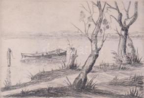 Olvashatatlan jelzéssel: Ladik a vízen. Rézkarc, papír. Üvegezett fakeretben. 19,5x27,5 cm