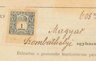 1910 Szombathely keresztlevél 1K illetékbélyeggel