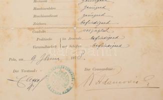 1874-1906 Herpich Ferenc hajógépész bizonyítványai, okmányai, összesen 6 db, közte a Cs. és Kir. Had...