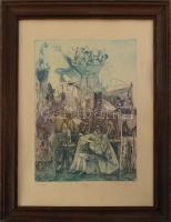 Egresi Zsuzsa (1954-2025): Feltaláló. Színes rézkarc, papír, jelzett, számozott (19/100), kisebb ázásnyomokkal, üvegezett fakeretben, 29,5x21 cm