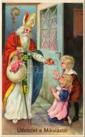 Üdvözlet a Mikulástól! / Greetings from Saint Nicholas art postcard. litho