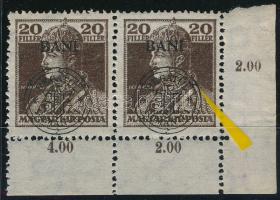 Kolozsvár 1919 Károly 20f ívsarki pár a felülnyomatban lemezhibával / corner pair with plate variety Signed: Bodor