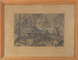 Remsey Jenő (1885-1970): Kertek alján. Rézkarc, papír, jelzett, üvegezett fakeretben, kissé foltos, 18x30 cm.