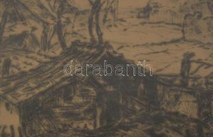 Remsey Jenő (1885-1970): Kertek alján. Rézkarc, papír, jelzett, üvegezett fakeretben, kissé foltos, ...