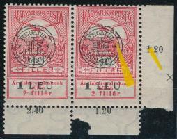 Kolozsvár 1919 Árvíz 10f pár a felülnyomatban lemezhibával / pair with plate variety Signed: Bodor