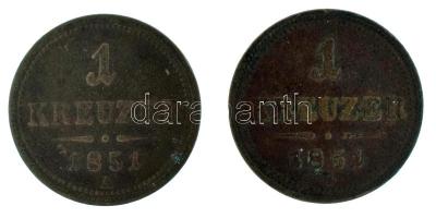 Ausztria 1851A 1kr Cu + 1851B 1kr Cu T:F, patina Austria 1851A 1 Kreuzer Cu + 1851B 1 Kreuzer Cu C:F, patina Krause KM#2185