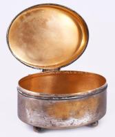 Szecessziós ezüstözött alpakka cukordoboz, gömb lábakon, kopott, 13x7 cm