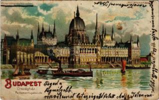 1902 Budapest V. Országház, gőzhajó, Meteor D.R.G.M. 88680. No. 424. fény felé tartandó / hold to light litho (EB)