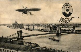 Budapest, Bleriot repülőgépe a Lánchíd felett, Országház (fl)